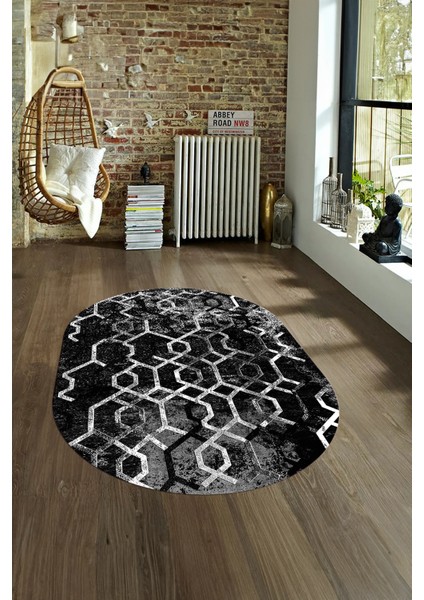 Dijital Kaymaz Yıkanabilir Modern Desen Oval Yolluk Mutfak Salon Halısı, N-O-Modern-03-Antrasit, fırsatları