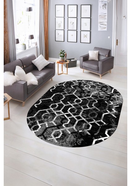 Dijital Kaymaz Yıkanabilir Modern Desen Oval Yolluk Mutfak Salon Halısı, N-O-Modern-03-Antrasit, indirimleri