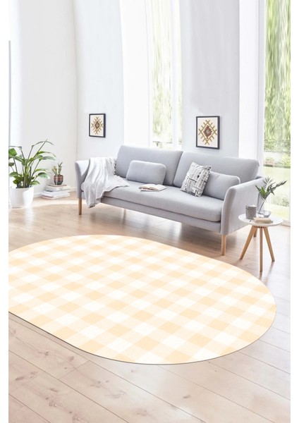 Dijital Kaymaz Yıkanabilir Modern Desen Oval Yolluk Mutfak Salon Halısı, N-O-Modern-55-Krem,