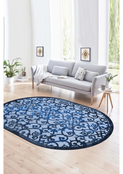 Dijital Kaymaz Yıkanabilir Modern Desen Oval Yolluk Mutfak Salon Halısı, N-O-Modern-32-Mavi,