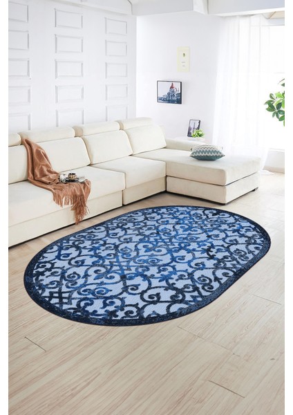 Dijital Kaymaz Yıkanabilir Modern Desen Oval Yolluk Mutfak Salon Halısı, N-O-Modern-32-Mavi, fiyatları
