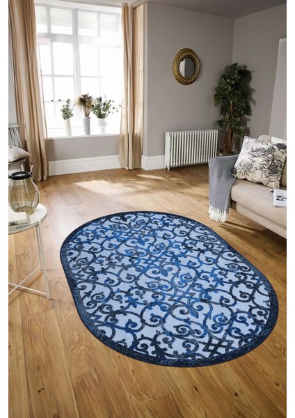 Dijital Kaymaz Yıkanabilir Modern Desen Oval Yolluk Mutfak Salon Halısı, N-O-Modern-32-Mavi, modelleri