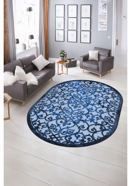 Dijital Kaymaz Yıkanabilir Modern Desen Oval Yolluk Mutfak Salon Halısı, N-O-Modern-32-Mavi, indirimleri
