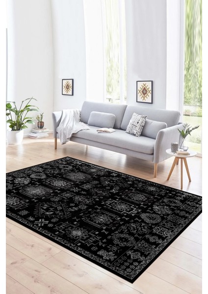 Dijital Baskılı Kaymaz Yıkanabilir Modern Desen Yolluk Mutfak Salon Halısı, N-Modern-29-Siyah,