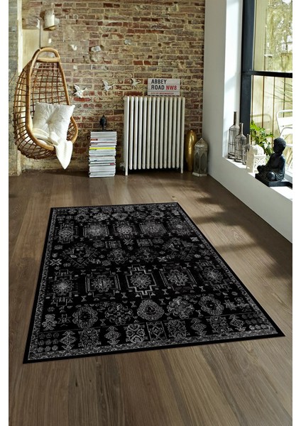 Dijital Baskılı Kaymaz Yıkanabilir Modern Desen Yolluk Mutfak Salon Halısı, N-Modern-29-Siyah,
