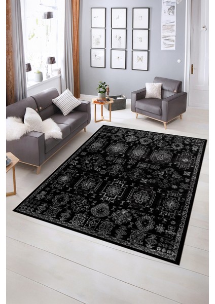 Dijital Baskılı Kaymaz Yıkanabilir Modern Desen Yolluk Mutfak Salon Halısı, N-Modern-29-Siyah,
