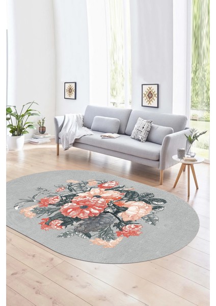 Dijital Kaymaz Yıkanabilir Modern Desen Oval Yolluk Mutfak Salon Halısı, N-O-Modern-35-Gri,