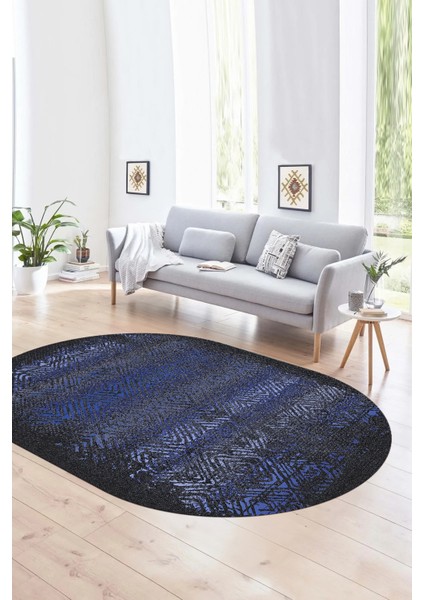Dijital Kaymaz Yıkanabilir Modern Desen Oval Yolluk Mutfak Salon Halısı, N-O-Modern-28-Mavi,