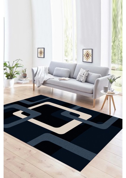 Dijital Baskılı Kaymaz Yıkanabilir Modern Desen Yolluk Mutfak Salon Halısı, N-Modern-40-Lacivert,