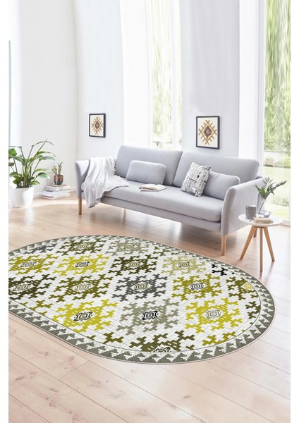 Dijital Kaymaz Yıkanabilir Modern Desen Oval Yolluk Mutfak Salon Halısı, N-O-Modern-14-Sarı,