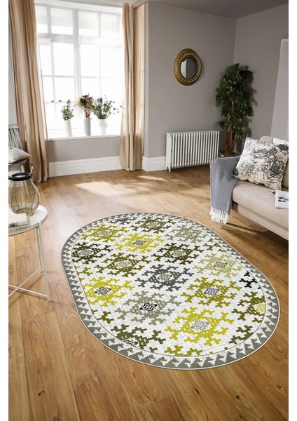 Dijital Kaymaz Yıkanabilir Modern Desen Oval Yolluk Mutfak Salon Halısı, N-O-Modern-14-Sarı, modelleri