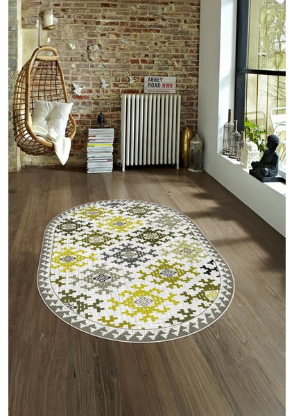 Dijital Kaymaz Yıkanabilir Modern Desen Oval Yolluk Mutfak Salon Halısı, N-O-Modern-14-Sarı, fırsatları