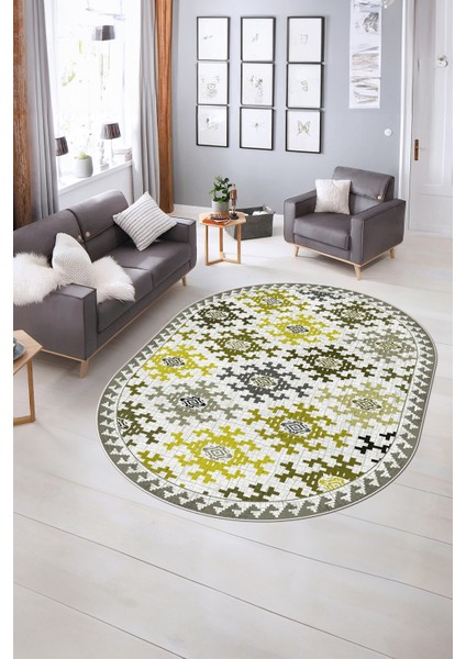 Dijital Kaymaz Yıkanabilir Modern Desen Oval Yolluk Mutfak Salon Halısı, N-O-Modern-14-Sarı, indirimleri