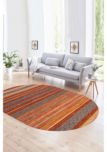 Dijital Kaymaz Yıkanabilir Modern Desen Oval Yolluk Mutfak Salon Halısı, N-O-Modern-17-Turuncu,