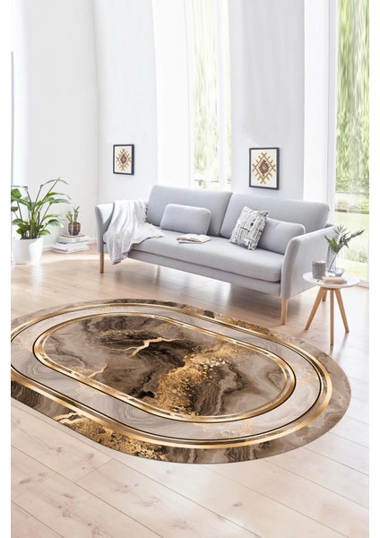 Dijital Kaymaz Yıkanabilir Modern Desen Oval Yolluk Mutfak Salon Halısı, N-O-Modern-46-Kahve,