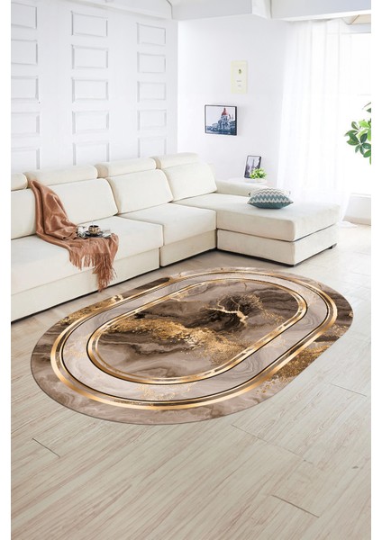 Dijital Kaymaz Yıkanabilir Modern Desen Oval Yolluk Mutfak Salon Halısı, N-O-Modern-46-Kahve, fiyatları