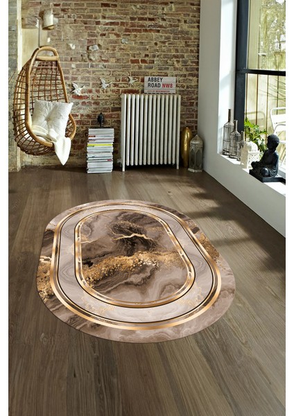 Dijital Kaymaz Yıkanabilir Modern Desen Oval Yolluk Mutfak Salon Halısı, N-O-Modern-46-Kahve, fırsatları
