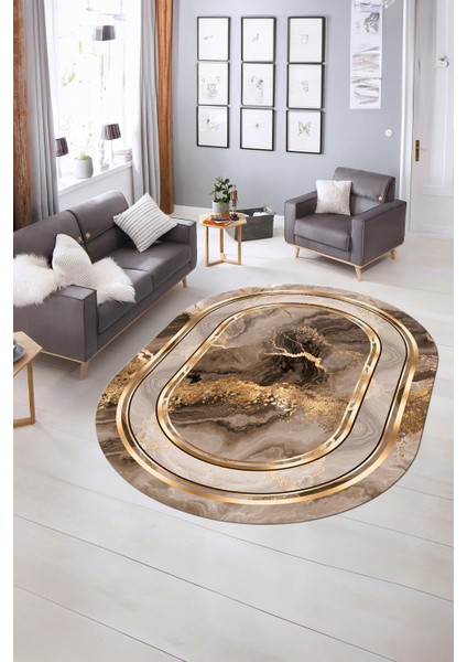 Dijital Kaymaz Yıkanabilir Modern Desen Oval Yolluk Mutfak Salon Halısı, N-O-Modern-46-Kahve, indirimleri