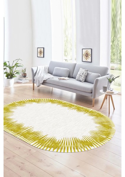 Dijital Kaymaz Yıkanabilir Modern Desen Oval Yolluk Mutfak Salon Halısı, N-O-Modern-48-Sarı,
