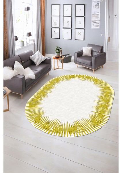 Dijital Kaymaz Yıkanabilir Modern Desen Oval Yolluk Mutfak Salon Halısı, N-O-Modern-48-Sarı, indirimleri