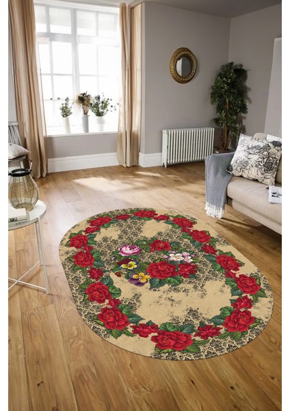 Dijital Kaymaz Yıkanabilir Modern Desen Oval Yolluk Mutfak Salon Halısı, N-O-Modern-21-Krem,