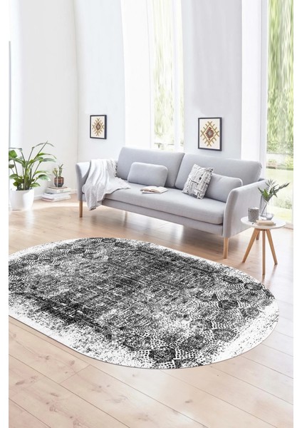 Dijital Kaymaz Yıkanabilir Modern Desen Oval Yolluk Mutfak Salon Halısı, N-O-Modern-04-Beyaz,