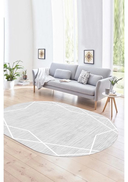 Dijital Kaymaz Yıkanabilir Modern Desen Oval Yolluk Mutfak Salon Halısı, N-O-Modern-05-Beyaz,