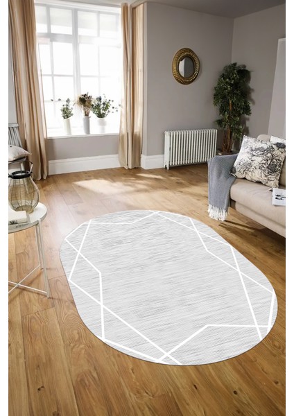 Dijital Kaymaz Yıkanabilir Modern Desen Oval Yolluk Mutfak Salon Halısı, N-O-Modern-05-Beyaz,