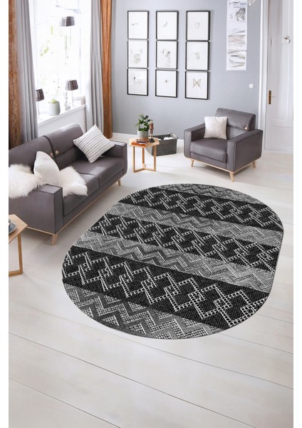 Dijital Kaymaz Yıkanabilir Modern Desen Oval Yolluk Mutfak Salon Halısı, N-O-Modern-56-Antrasit, indirimleri