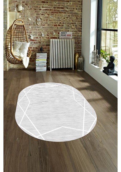 Dijital Kaymaz Yıkanabilir Modern Desen Oval Yolluk Mutfak Salon Halısı, N-O-Modern-05-Beyaz,
