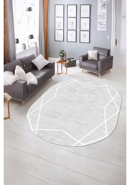 Dijital Kaymaz Yıkanabilir Modern Desen Oval Yolluk Mutfak Salon Halısı, N-O-Modern-05-Beyaz,