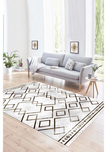Dijital Baskılı Kaymaz Yıkanabilir Modern Desen Yolluk Mutfak Salon Halısı, N-Modern-91-Kahve,