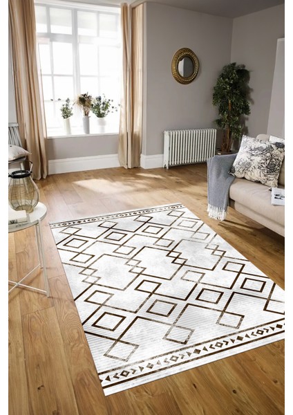 Dijital Baskılı Kaymaz Yıkanabilir Modern Desen Yolluk Mutfak Salon Halısı, N-Modern-91-Kahve,
