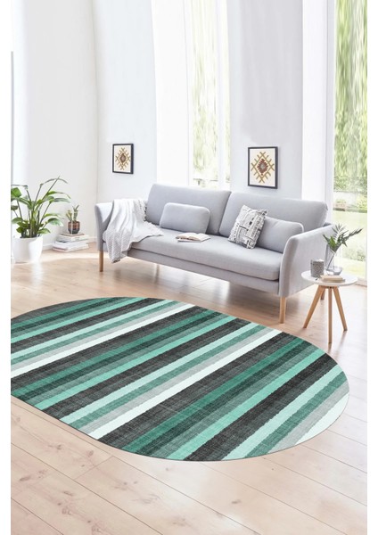 Dijital Kaymaz Yıkanabilir Modern Desen Oval Yolluk Mutfak Salon Halısı, N-O-Modern-25-Turkuaz,