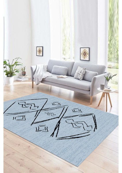 Dijital Baskılı Kaymaz Yıkanabilir Modern Desen Yolluk Mutfak Salon Halısı, N-Modern-59-Mavi,