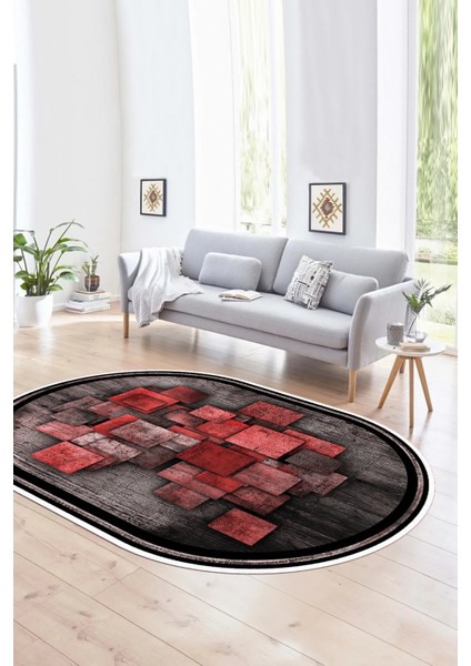 Dijital Kaymaz Yıkanabilir Modern Desen Oval Yolluk Mutfak Salon Halısı, N-O-Modern-13-Kırmızı,