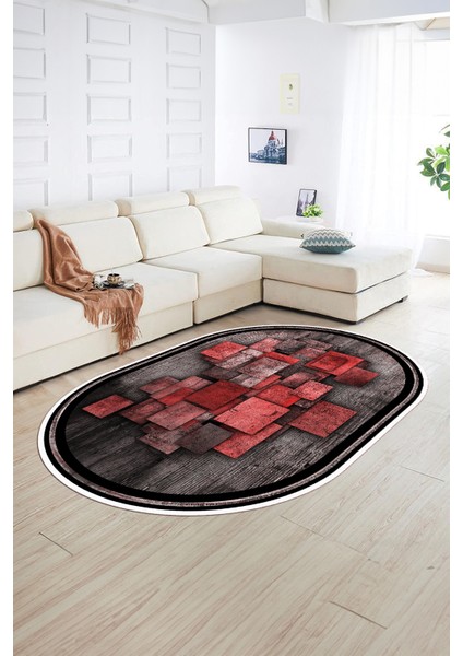Dijital Kaymaz Yıkanabilir Modern Desen Oval Yolluk Mutfak Salon Halısı, N-O-Modern-13-Kırmızı, fiyatları