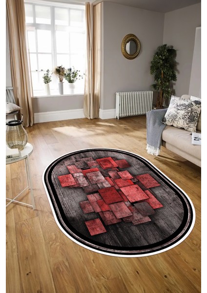 Dijital Kaymaz Yıkanabilir Modern Desen Oval Yolluk Mutfak Salon Halısı, N-O-Modern-13-Kırmızı, modelleri