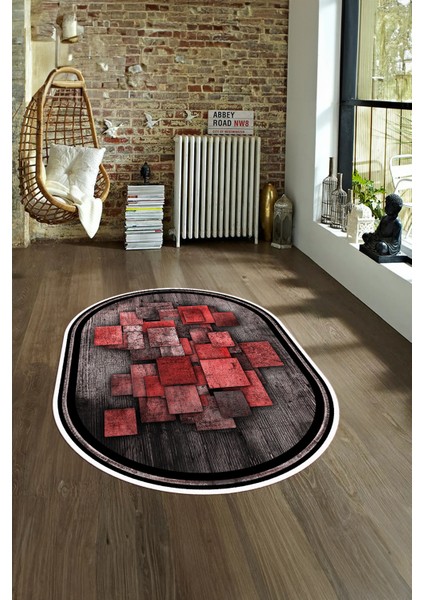 Dijital Kaymaz Yıkanabilir Modern Desen Oval Yolluk Mutfak Salon Halısı, N-O-Modern-13-Kırmızı, fırsatları