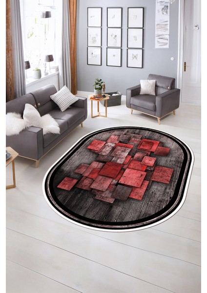 Dijital Kaymaz Yıkanabilir Modern Desen Oval Yolluk Mutfak Salon Halısı, N-O-Modern-13-Kırmızı, indirimleri