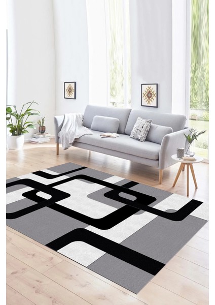 Dijital Baskılı Kaymaz Yıkanabilir Modern Desen Yolluk Mutfak Salon Halısı, N-Modern-40-Beyaz,