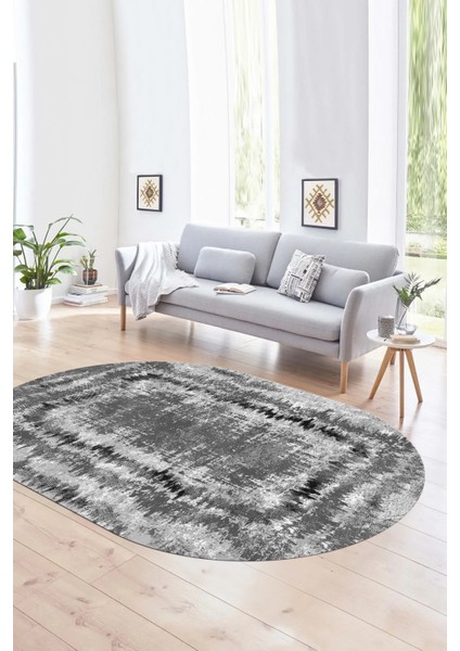 Dijital Kaymaz Yıkanabilir Modern Desen Oval Yolluk Mutfak Salon Halısı, N-O-Modern-37-Gri,