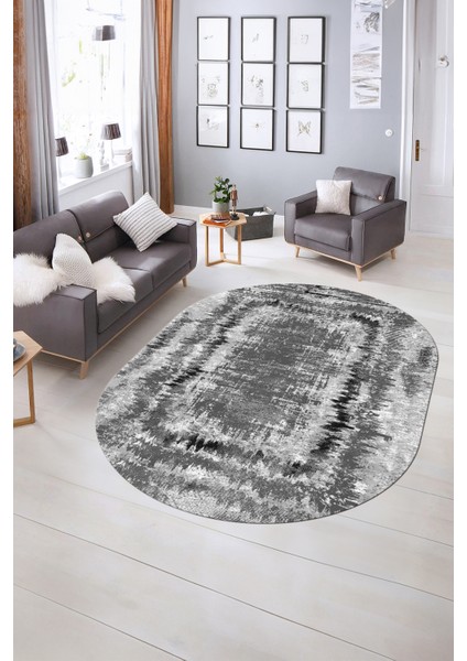 Dijital Kaymaz Yıkanabilir Modern Desen Oval Yolluk Mutfak Salon Halısı, N-O-Modern-37-Gri, indirimleri