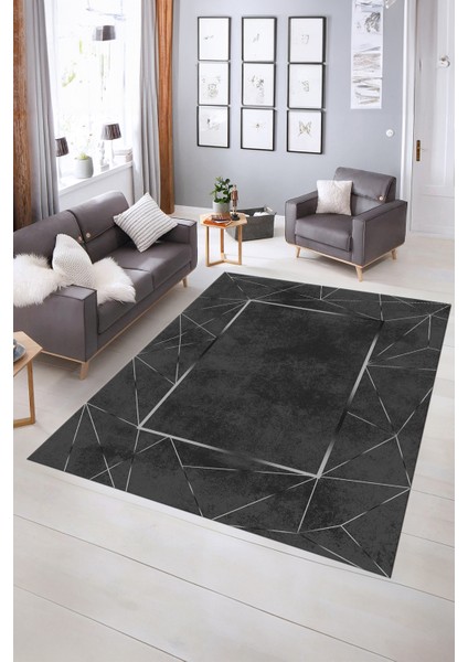 Dijital Baskılı Kaymaz Yıkanabilir Modern Desen Yolluk Mutfak Salon Halısı, N-Modern-62-Antrasit, indirimleri