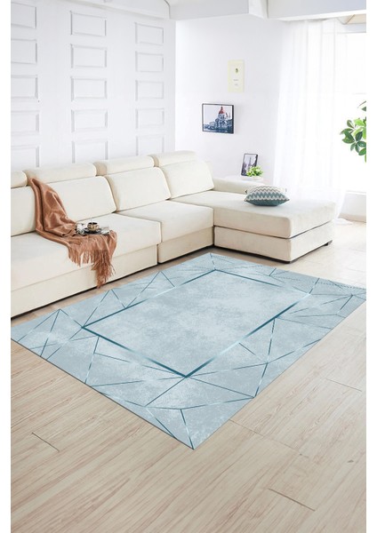 Dijital Baskılı Kaymaz Yıkanabilir Modern Desen Yolluk Mutfak Salon Halısı, N-Modern-62-Mavi,