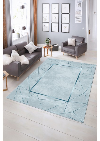 Dijital Baskılı Kaymaz Yıkanabilir Modern Desen Yolluk Mutfak Salon Halısı, N-Modern-62-Mavi,