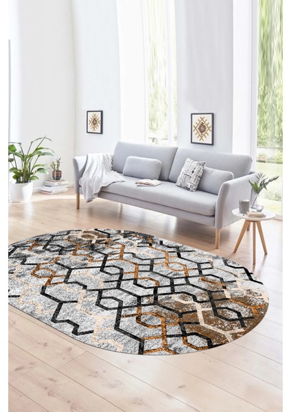 Dijital Kaymaz Yıkanabilir Modern Desen Oval Yolluk Mutfak Salon Halısı, N-O-Modern-03-Kahve,