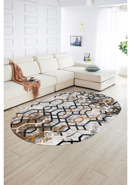 Dijital Kaymaz Yıkanabilir Modern Desen Oval Yolluk Mutfak Salon Halısı, N-O-Modern-03-Kahve, fiyatları