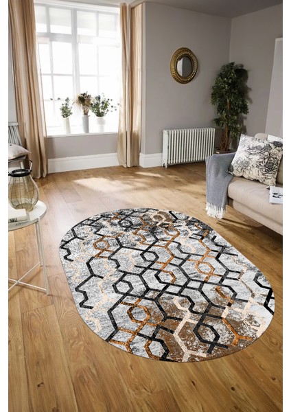 Dijital Kaymaz Yıkanabilir Modern Desen Oval Yolluk Mutfak Salon Halısı, N-O-Modern-03-Kahve, modelleri