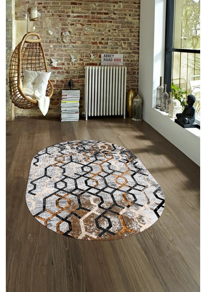 Dijital Kaymaz Yıkanabilir Modern Desen Oval Yolluk Mutfak Salon Halısı, N-O-Modern-03-Kahve, fırsatları